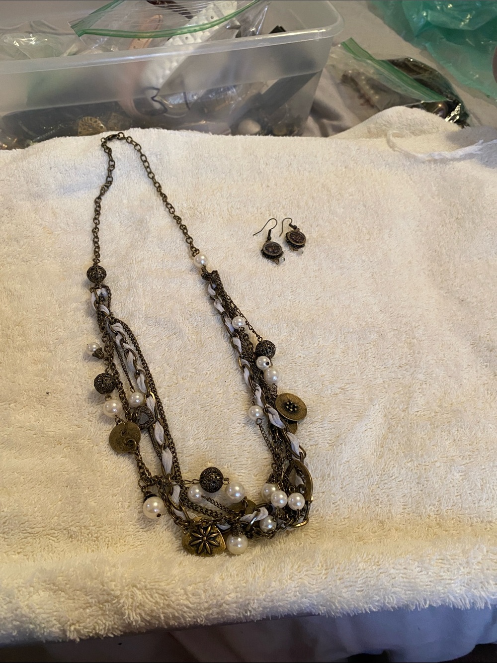 Bronze-Tone Multi-Strand Necklace with White Pearl Accents